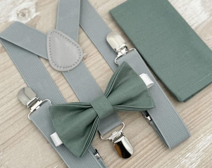 Eucalyptus Bow Tie & Suspenders – All Sizes for Men and Boys, Dusty Gray Suspenders, Pocket Square, Ring Bearer Gift, Rustic Wedding