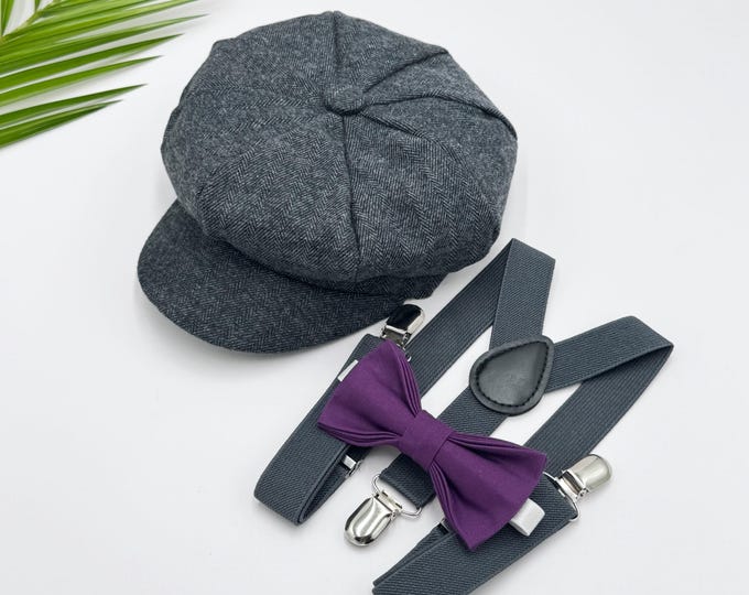 Newsboy Cap, Gatsby Flat Cap, Dark Gray Suspenders & Plum Bow Tie - Baby to Adult Sizes, Ring Bearer Outfit, Page Boy Wedding Set