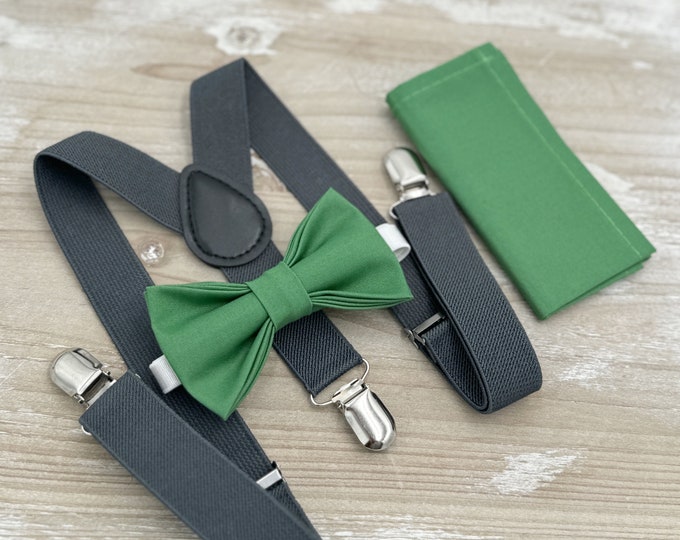 Clover Bow tie & Suspenders | Charcoal Dark Gray Braces | Pocket Square | Ring Bearer Outfit | Boho Wedding | Groomsman Gift