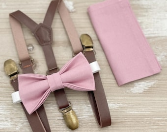 Vintage Mauve Bow Tie & Suspenders – All Sizes for Men and Boys, Skinny Leather Braces, Pocket Square, Ring Bearer, Boho Rustic Wedding