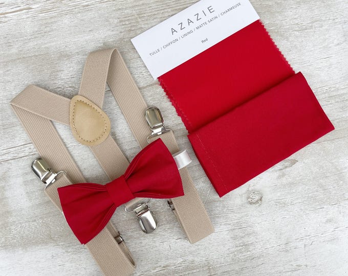 Red Bow Tie & Champagne Suspenders Set - Ring Bearer Groomsman Outfit, Rustic Wedding, Apple Red Pocket Square, All Sizes Baby to Adult
