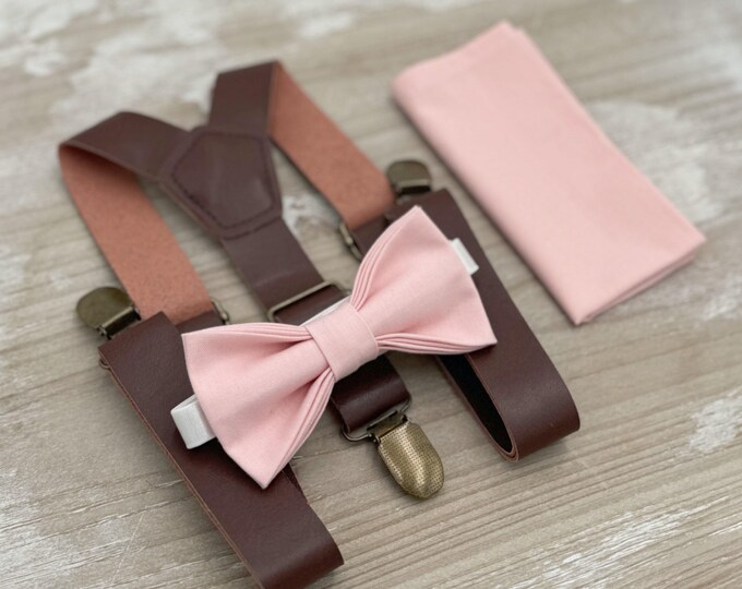 Blush Bow tie & Suspenders, Vegan Leather Braces, Petal Bow Tie, Pocket Square, Ring Bearer Outfit, Boho Wedding