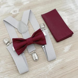 Cabernet Bow Tie & Suspenders, Wine Bowtie Set, Light Gray Braces, Groomsman Gift, Ring Bearer Wedding Outfit, All Sizes Men and Boys