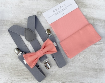 Coral Bow Tie & Gray Suspenders Set - Ring Bearer and Groomsman Outfit, Rustic Wedding, Pocket Square, All Sizes Baby to Adult