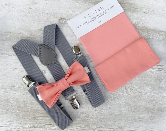Coral Bow Tie & Gray Suspenders Set - Ring Bearer and Groomsman Outfit, Rustic Wedding, Pocket Square, All Sizes Baby to Adult