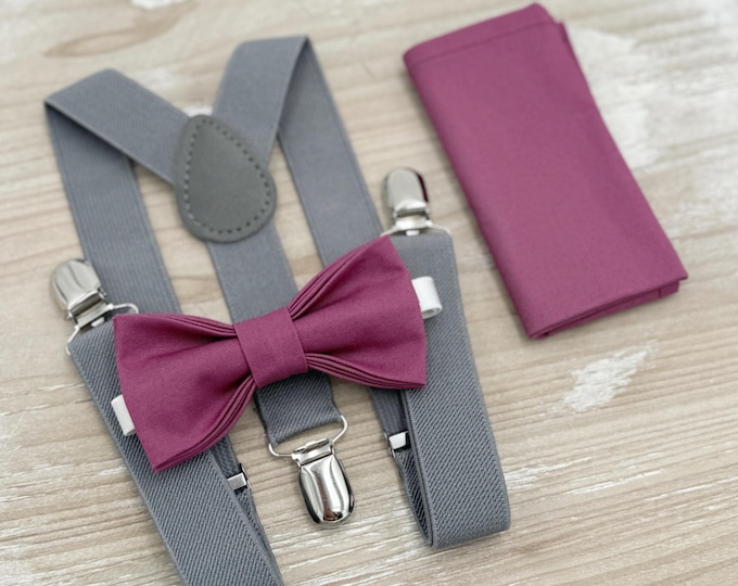 Chianti Bow tie & Suspenders | Gray Braces | Mulberry Bow | Pocket Square | Ring Bearer Outfit | Boho Rustic Wedding