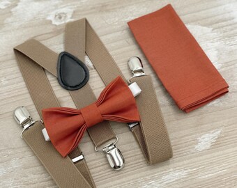 Paprika Bow Tie & Taupe Suspenders - Ring Bearer and Groomsman Outfit, Rustic Wedding, Pocket Square, All Sizes Baby to Adult
