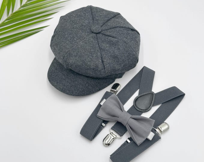Newsboy Cap, Gatsby Flat Cap, Dark Gray Suspenders & Gray Bow Tie - Baby to Adult Sizes, Ring Bearer Outfit, Page Boy Wedding Set