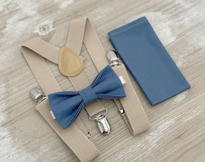 Dark Steel Bow tie & Suspenders, Champagne Tan Braces, Twilight Blue Bow, Pocket Square, Ring Bearer Outfit, Boho Rustic Wedding