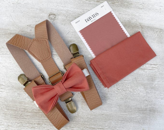Sedona Bow Tie & Leather Suspenders – Ring Bearer and Groomsman Outfit, Rustic Boho Wedding, Pocket Square, Toddler to Adult Sizes