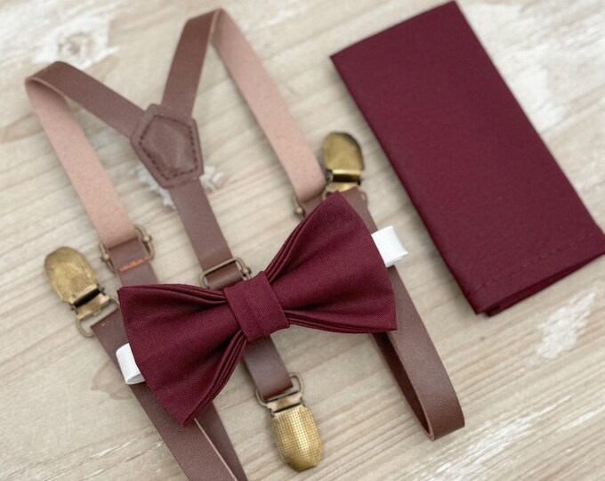 Sangria Bow Tie & Suspenders, Skinny Leather Braces, Groomsman Gift, Ring Bearer Outfit, Rustic Boho Wedding, All Sizes Men and Boys