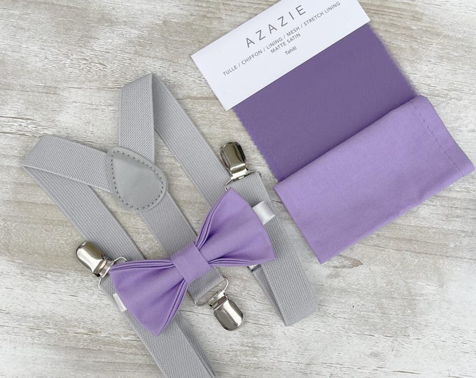 Tahiti Purple Bow Tie & Light Gray Suspenders Set - Ring Bearer and Groomsman Outfit, Rustic Wedding, Pocket Square, All Sizes Baby to Adult