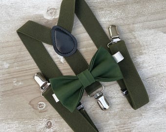 Forest Green Bow Tie & Olive Suspenders Set - Ring Bearer and Groomsman Outfit, Rustic Wedding, All Sizes Baby to Adult