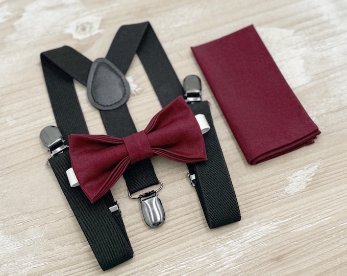 Cabernet Bow Tie & Suspenders, Wine Bowtie Set, Black Braces, Groomsman Gift, Ring Bearer Wedding Outfit, All Sizes Men and Boys