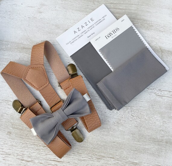 Gray Bow Tie & Leather Suspenders , Light Brown Braces