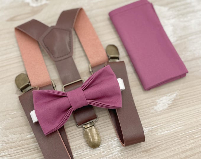 Chianti Bow tie & Suspenders | Leather Braces | Mulberry Bow | Pocket Square | Ring Bearer Outfit | Boho Rustic Wedding