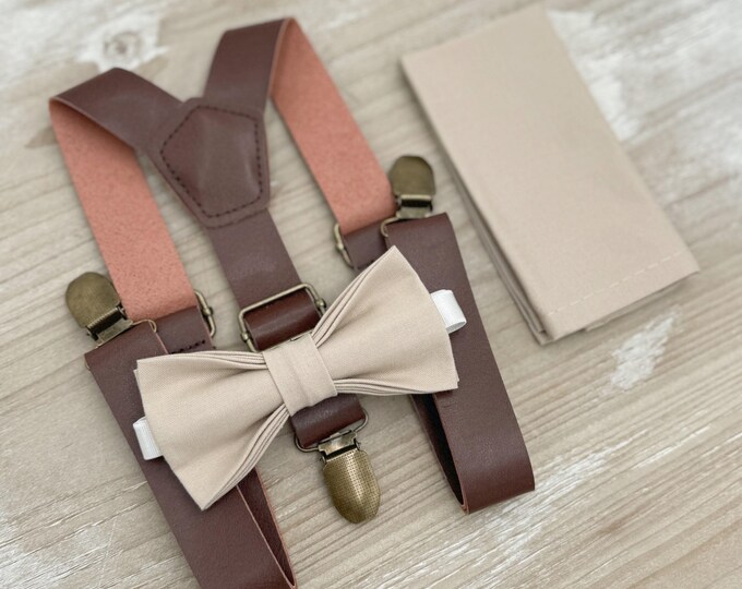 Frost Bow Tie & Leather Suspenders – Toddler to Adult Sizes, Ring Bearer Outfit, Groomsman Wedding Set, Rustic Boho Pocket Square