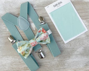 Floral Bow Tie & Dusty Sage Suspenders – Ring Bearer Outfit, All Sizes Baby to Adult, Groomsman Gift, Boho Wedding Set