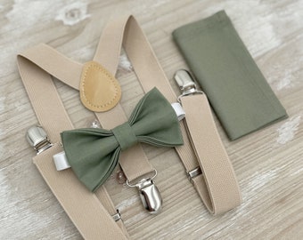 Moss Bow Tie & Suspenders – All Sizes for Men and Boys, Pocket Square, Champagne Tan Suspenders, Ring Bearer Gift, Rustic Wedding Set