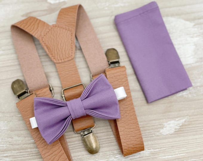 Dark Wisteria Bow tie & Suspenders | Leather Light Brown Braces | Pocket Square | Ring Bearer Outfit | Boho Rustic Wedding