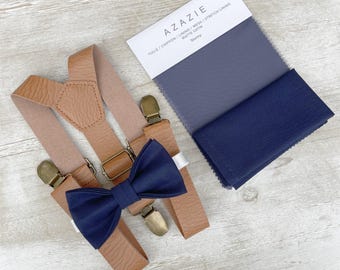 Stormy Blue Bow Tie & Leather Suspenders Set - Ring Bearer and Groomsman Outfit, Rustic Wedding, Pocket Square, All Sizes Baby to Adult