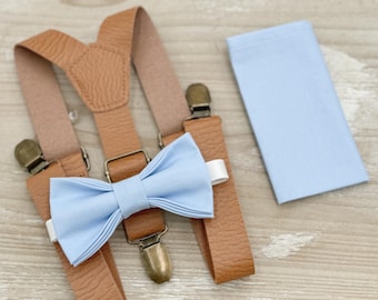 Ice Blue Bow Tie & Leather Suspenders Set - Ring Bearer and Groomsman Outfit, Rustic Wedding, Pocket Square, All Sizes Baby to Adult
