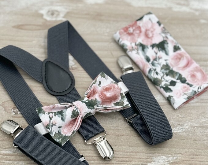 Floral Bow tie & Suspenders, Dusty Rose Bow, Charcoal Dark Gray Braces, Pocket Square, Ring Bearer Outfit, Boho Wedding, Groomsman Set