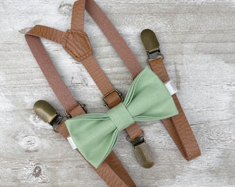Sage Bow Tie & Skinny Leather Suspenders - Ring Bearer and Groomsman Outfit, Rustic Wedding, Pocket Square, All Sizes Baby to Adult