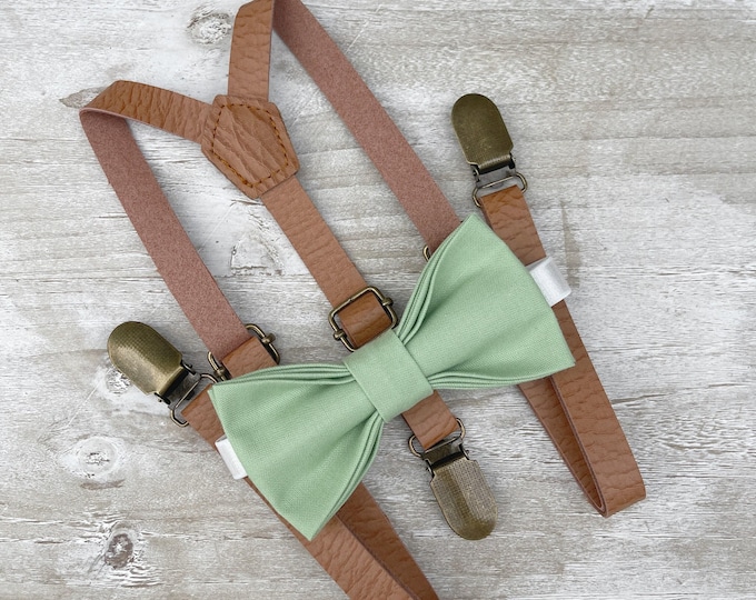 Sage Bow Tie & Skinny Leather Suspenders - Ring Bearer and Groomsman Outfit, Rustic Wedding, Pocket Square, All Sizes Baby to Adult