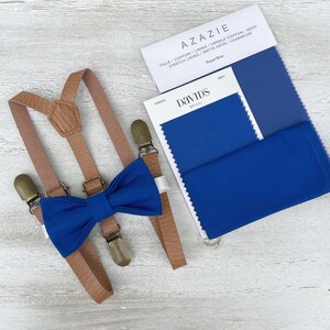 Royal Blue Bow Tie & Skinny Leather Suspenders – Ring Bearer Groomsman Outfit, Rustic Wedding, Pocket Square, Toddler to Adult Sizes