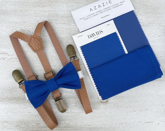 Royal Blue Bow Tie & Skinny Leather Suspenders – Ring Bearer Groomsman Outfit, Rustic Wedding, Pocket Square, Toddler to Adult Sizes
