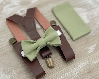 Pistachio Bow Tie & Leather Suspenders – Ring Bearer Outfit, All Sizes Baby to Adult, Groomsman Gift, Pocket Square, Boho Wedding Set