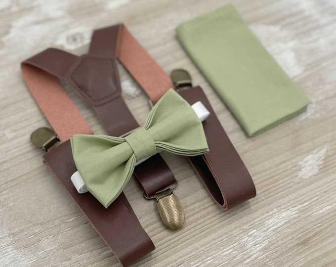Pistachio Bow Tie & Leather Suspenders – Ring Bearer Outfit, All Sizes Baby to Adult, Groomsman Gift, Pocket Square, Boho Wedding Set