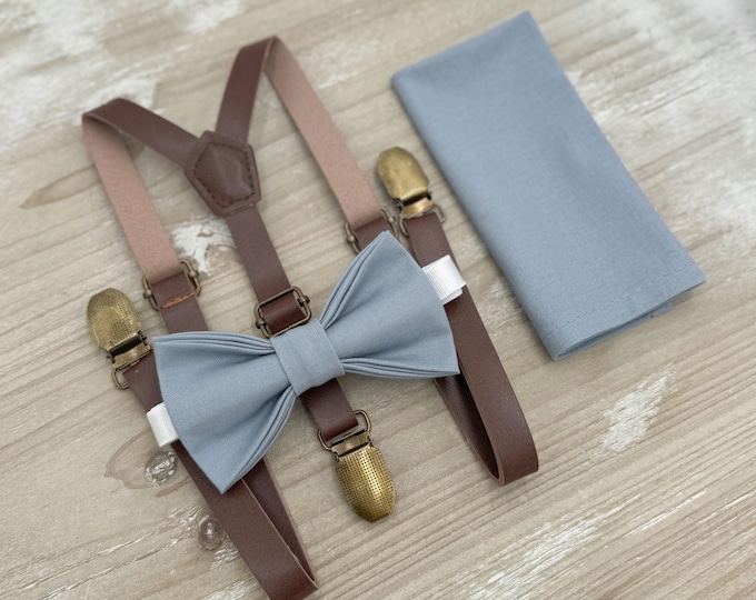 Dusty Blue Bow Tie & Suspenders – All Sizes for Boys and Men, Skinny Brown Leather Braces, Pocket Square, Ring Bearer, Boho Rustic Wedding
