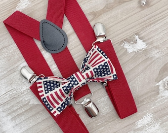 Flag Bow Tie & Red Suspenders, All Sizes Baby to Adult, 4th July Outfit, Patriotic Wedding, Stars and Stripes Set, Red White Blue Bow tie