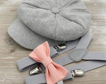Light Gray Tweed Newsboy cap , Men's & Boy's Applejack Ivy Flat hat , Bellini Peach Bow Tie and Suspenders , Ring bearer outfit