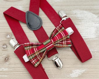 Tartan Bow Tie & Red Suspenders - Ring Bearer and Groomsman Outfit, Rustic Wedding, Christmas Set, Holiday Bow Tie , All Sizes Baby to Adult