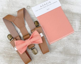 Sunset Bow Tie & Leather Suspenders - Ring Bearer and Groomsman Outfit, Rustic Wedding, Pocket Square, All Sizes Baby to Adult