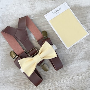 Yellow Bow Tie & Suspenders – All Sizes for Boys and Men, Leather Braces, Buttercup Bow, Pocket Square, Ring Bearer, Rustic Wedding