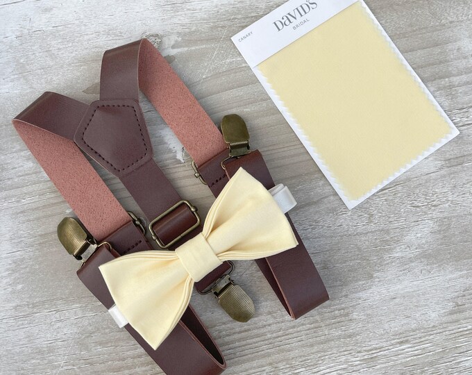 Yellow Bow Tie & Suspenders – All Sizes for Boys and Men, Leather Braces, Buttercup Bow, Pocket Square, Ring Bearer, Rustic Wedding