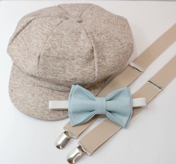 Bow Tie Suspenders Newsboy Cap Hat / Dusty Blue Bow Tie / Tan Etsy
