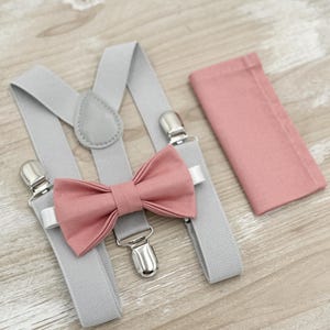 Champagne Rose Bow Tie & Gray Suspenders Set - Ring Bearer and Groomsman Outfit, Rustic Wedding, Pocket Square, All Sizes Baby to Adult