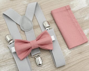 Champagne Rose Bow Tie & Gray Suspenders Set - Ring Bearer and Groomsman Outfit, Rustic Wedding, Pocket Square, All Sizes Baby to Adult