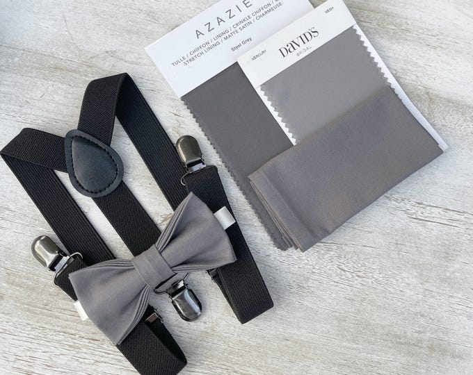 Gray Bow Tie & Black Suspenders Set - Ring Bearer and Groomsman Outfit, Rustic Wedding, Pocket Square, All Sizes Baby to Adult