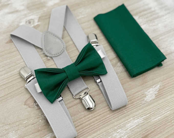 Juniper Bow tie & Suspenders, Light Gray Braces, Emerald Green Bow, Pocket Square, Ring Bearer Outfit, Boho Rustic Wedding