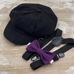 Newsboy Cap, Black Suspenders, Plum Purple Bow Tie, Ring Bearer Outfit, Cake Smash Outfit, Page Boy Cap, Wedding Set, Applejack Hat