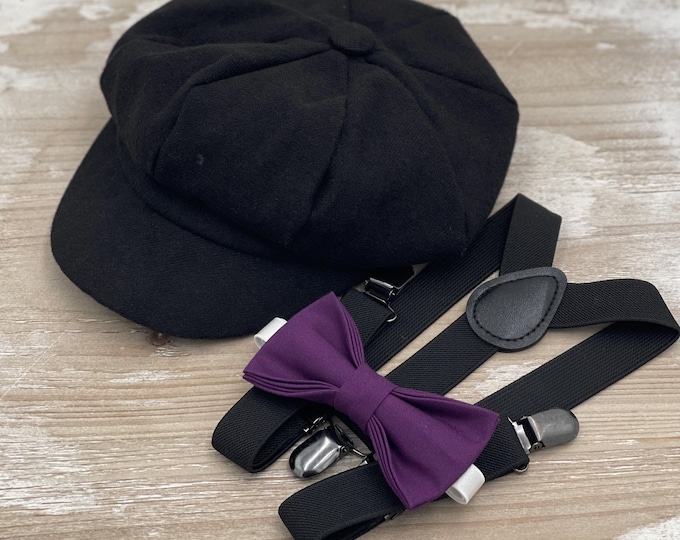 Newsboy Cap, Black Suspenders, Plum Purple Bow Tie, Ring Bearer Outfit, Cake Smash Outfit, Page Boy Cap, Wedding Set, Applejack Hat