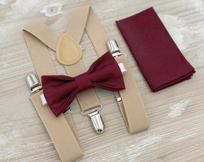 Cabernet Bow tie & Suspenders, Nude Beige Braces, Wine Bowtie, Pocket Square, Ring Bearer Outfit, Boho Rustic Wedding