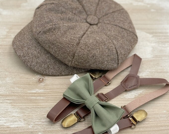 Tweed Newsboy Cap, Skinny Leather Suspenders, Moss Bow Tie, Ring Bearer Outfit, Cake Smash Outfit, Page Boy Cap, Wedding Set
