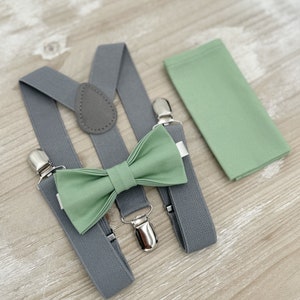 Matcha Bow Tie & Gray Suspenders Set - Ring Bearer and Groomsman Outfit, Rustic Wedding, Sage Green Pocket Square, All Sizes Baby to Adult